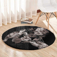 Hawaii Aloha Turtle Hibiscus and Leaves Round Carpet with Polynesian and Kakau Tattoos Black Color - Polynesian Pride