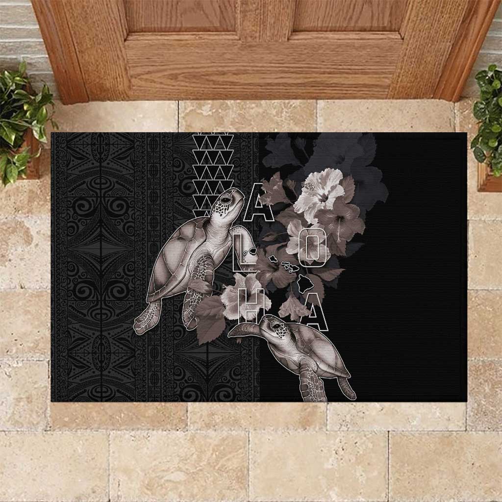 Hawaii Aloha Turtle Hibiscus and Leaves Rubber Doormat with Polynesian and Kakau Tattoos Black Color - Polynesian Pride