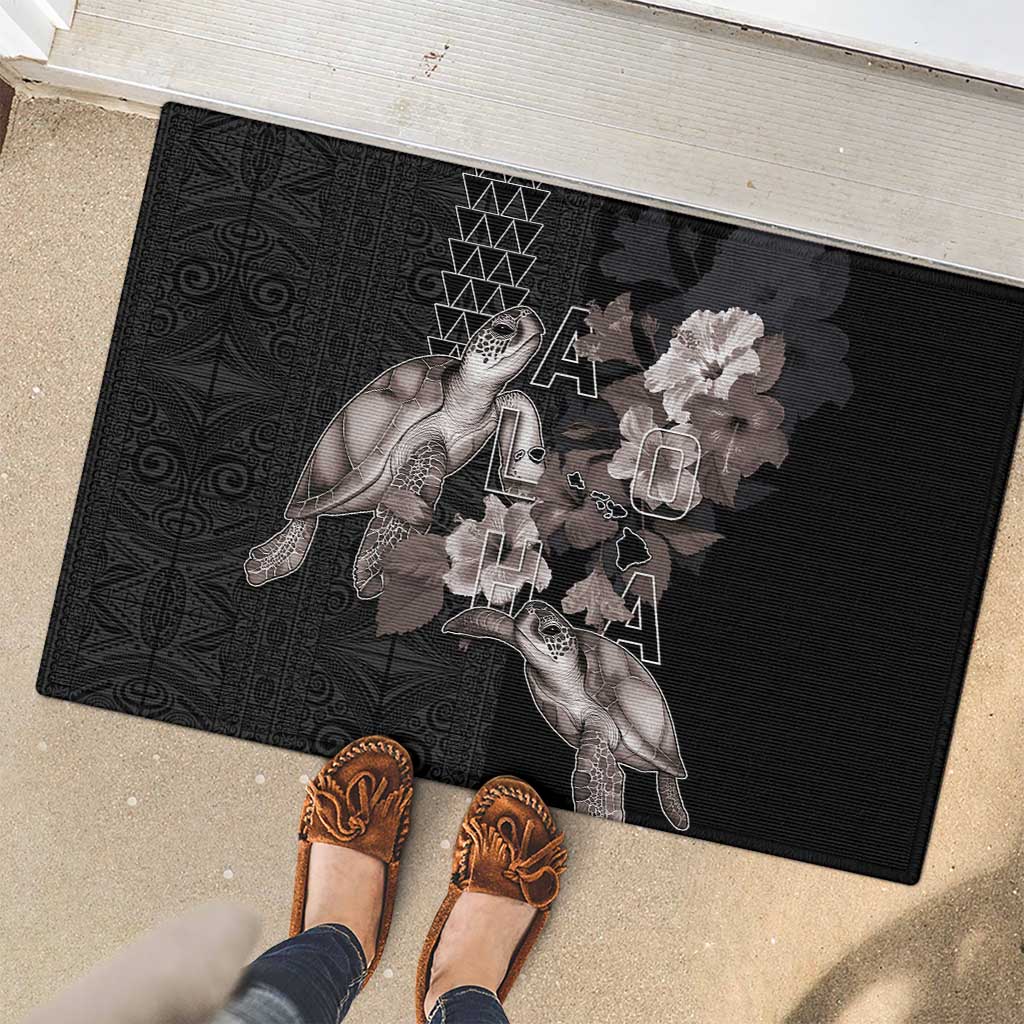 Hawaii Aloha Turtle Hibiscus and Leaves Rubber Doormat with Polynesian and Kakau Tattoos Black Color - Polynesian Pride