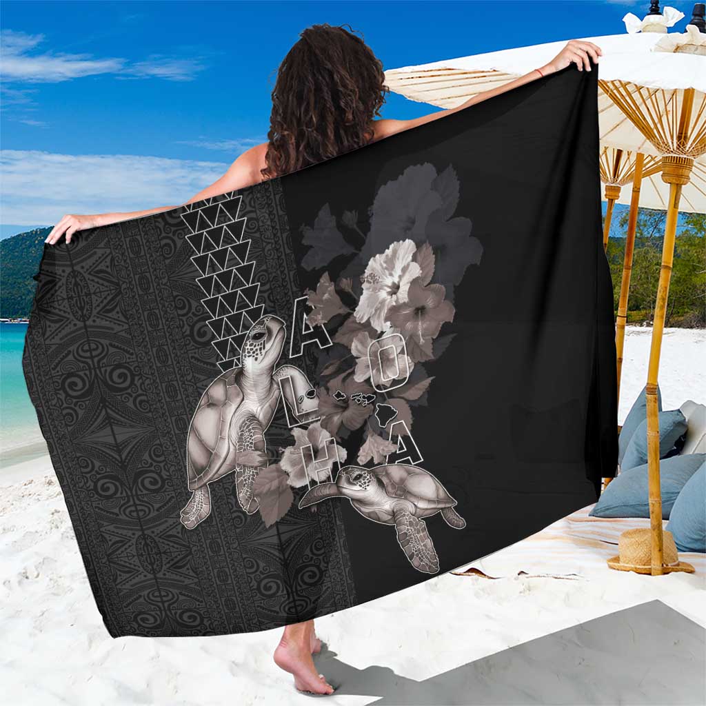 Hawaii Aloha Turtle Hibiscus and Leaves Sarong with Polynesian and Kakau Tattoos Black Color - Polynesian Pride