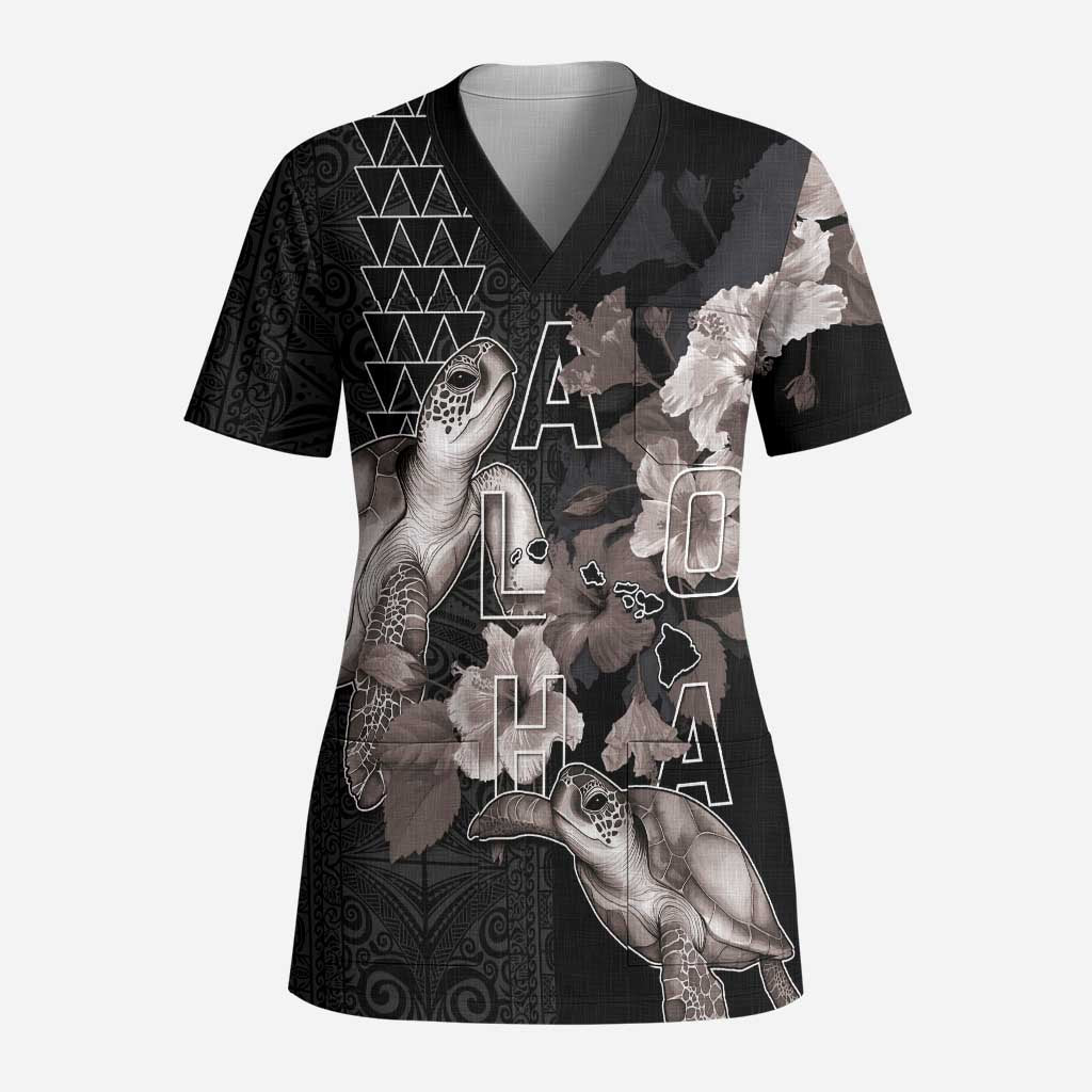 Hawaii Aloha Turtle Hibiscus and Leaves Scrub Top with Polynesian and Kakau Tattoos Black Color - Polynesian Pride
