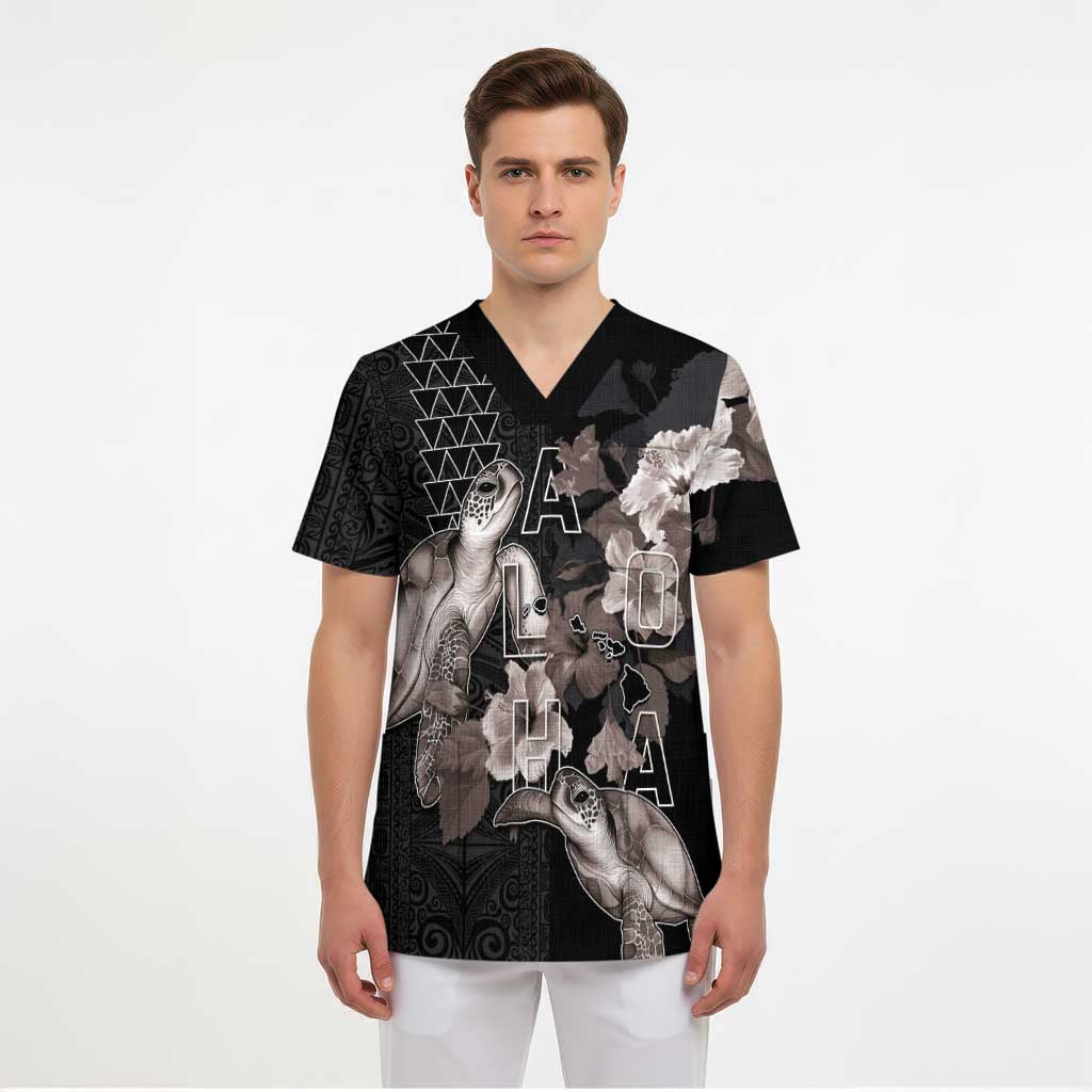 Hawaii Aloha Turtle Hibiscus and Leaves Scrub Top with Polynesian and Kakau Tattoos Black Color - Polynesian Pride