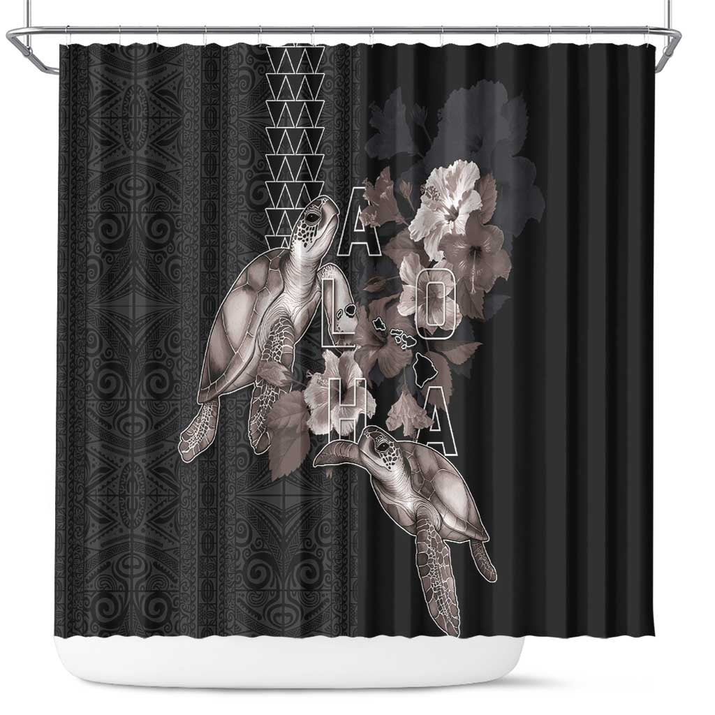 Hawaii Aloha Turtle Hibiscus and Leaves Shower Curtain with Polynesian and Kakau Tattoos Black Color - Polynesian Pride