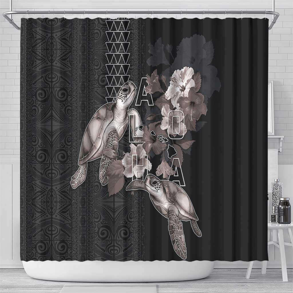 Hawaii Aloha Turtle Hibiscus and Leaves Shower Curtain with Polynesian and Kakau Tattoos Black Color - Polynesian Pride