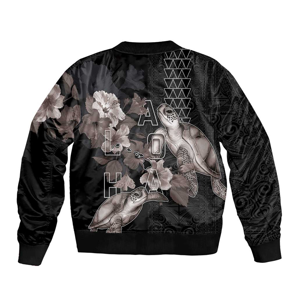 Hawaii Aloha Turtle Hibiscus and Leaves Sleeve Zip Bomber Jacket with Polynesian and Kakau Tattoos Black Color - Polynesian Pride