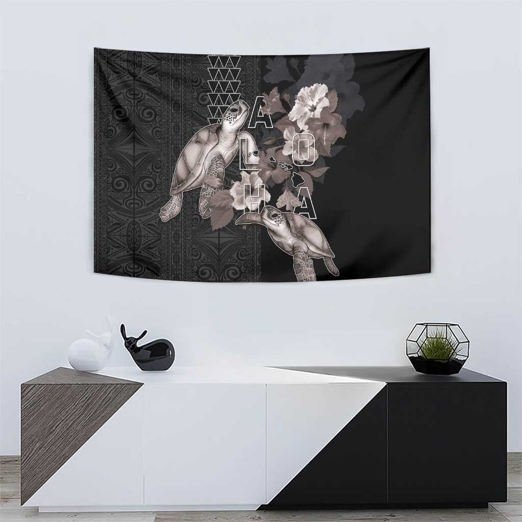 Hawaii Aloha Turtle Hibiscus and Leaves Tapestry with Polynesian and Kakau Tattoos Black Color - Polynesian Pride