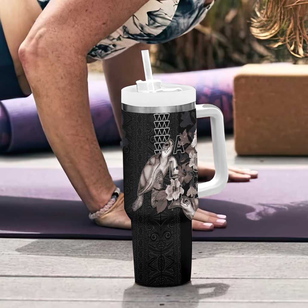 Hawaii Aloha Turtle Hibiscus and Leaves Tumbler With Handle with Polynesian and Kakau Tattoos Black Color - Polynesian Pride