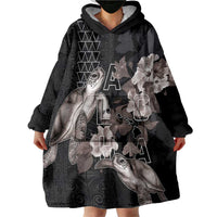 Hawaii Aloha Turtle Hibiscus and Leaves Wearable Blanket Hoodie with Polynesian and Kakau Tattoos Black Color - Polynesian Pride