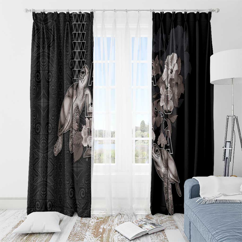 Hawaii Aloha Turtle Hibiscus and Leaves Window Curtain with Polynesian and Kakau Tattoos Black Color - Polynesian Pride