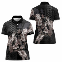 Hawaii Aloha Turtle Hibiscus and Leaves Women Polo Shirt with Polynesian and Kakau Tattoos Black Color - Polynesian Pride