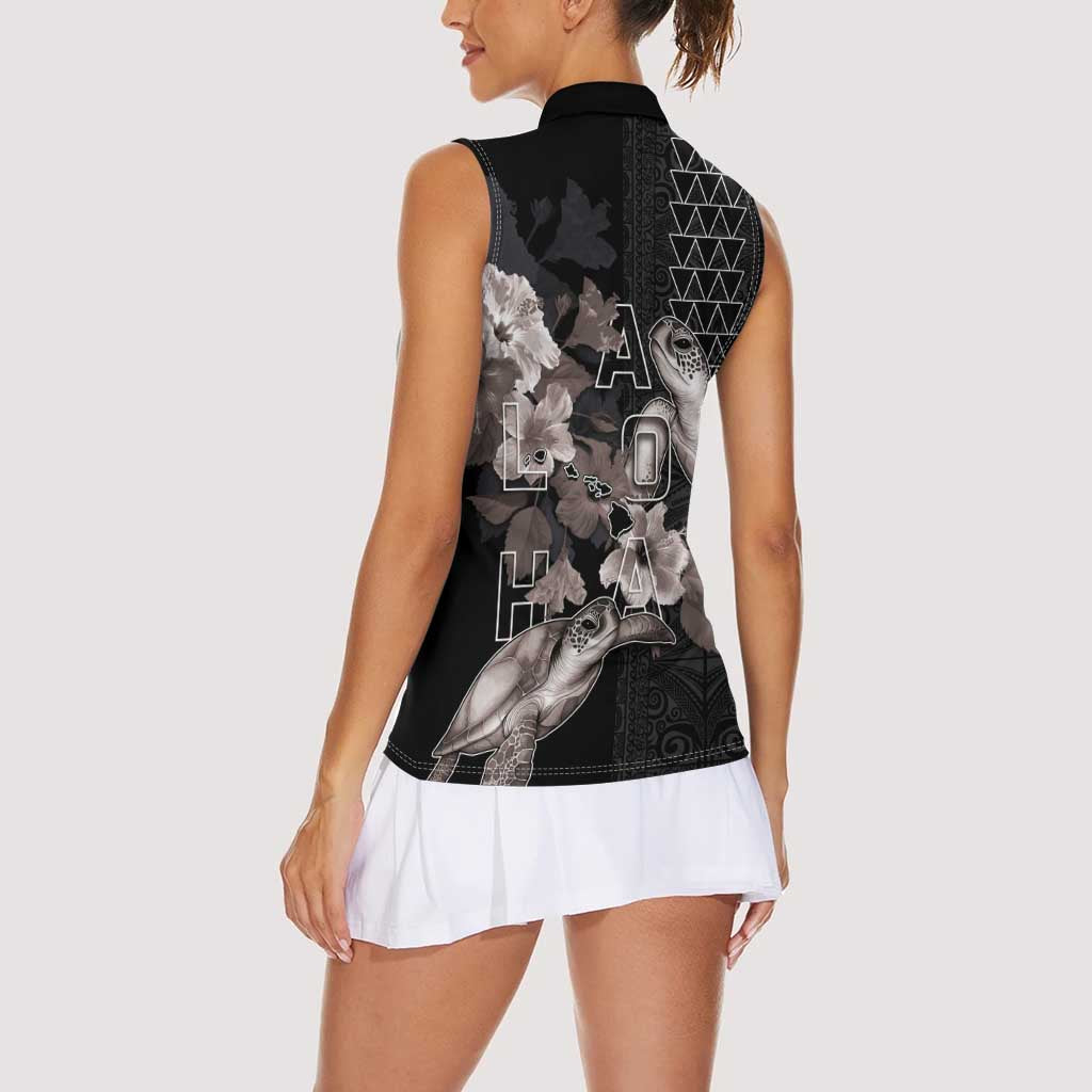 Hawaii Aloha Turtle Hibiscus and Leaves Women Sleeveless Polo Shirt with Polynesian and Kakau Tattoos Black Color - Polynesian Pride