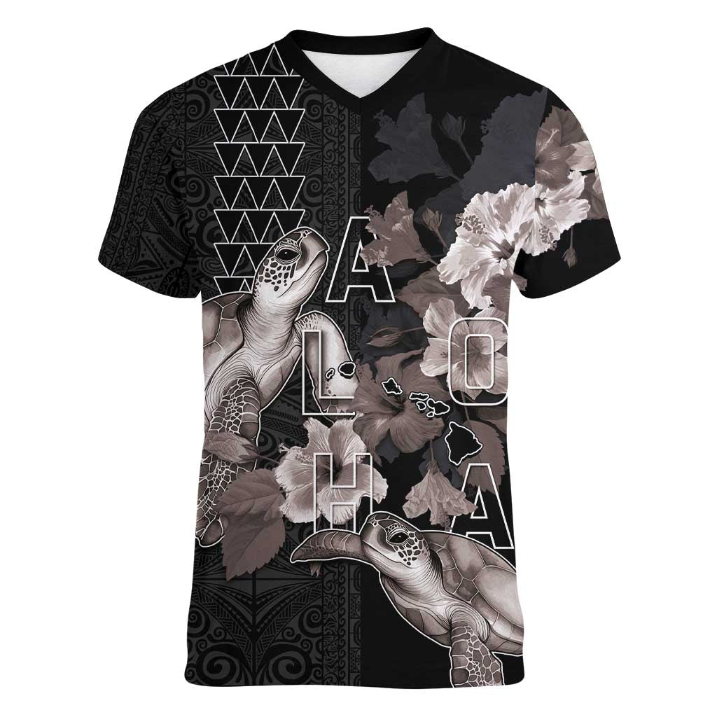 Hawaii Aloha Turtle Hibiscus and Leaves Women V-Neck T-Shirt with Polynesian and Kakau Tattoos Black Color - Polynesian Pride