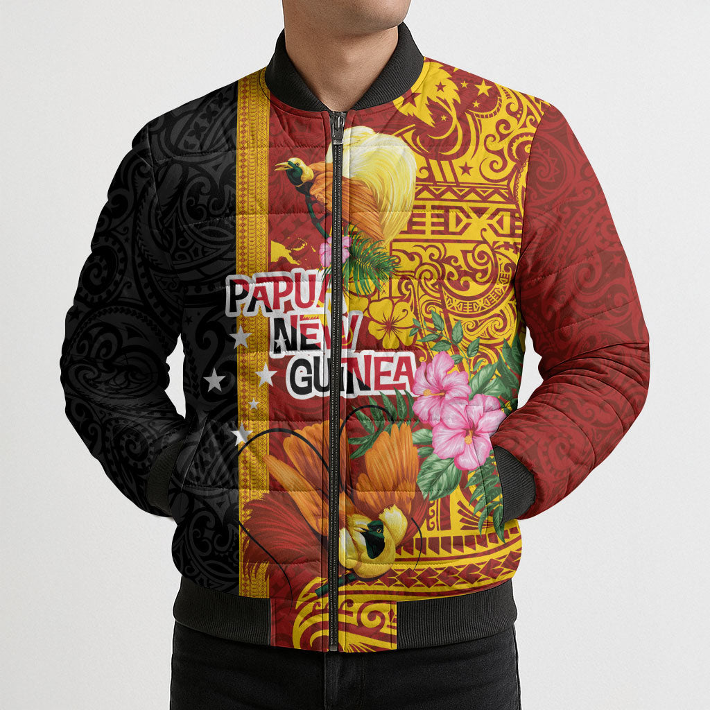 Papua New Guinea Independence Day Bomber Puffer Jacket Birds-of-Paradise Melanesian Tattoos Tropical Plants