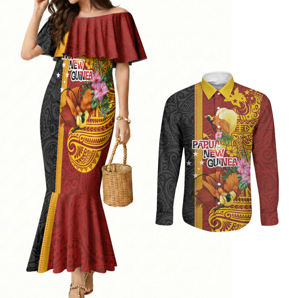 Papua New Guinea Independence Day Couples Matching Mermaid Dress and Long Sleeve Button Shirt Birds-of-Paradise Melanesian Tattoos Tropical Plants