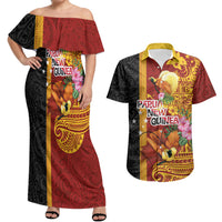 Papua New Guinea Independence Day Couples Matching Off Shoulder Maxi Dress and Hawaiian Shirt Birds-of-Paradise Melanesian Tattoos Tropical Plants