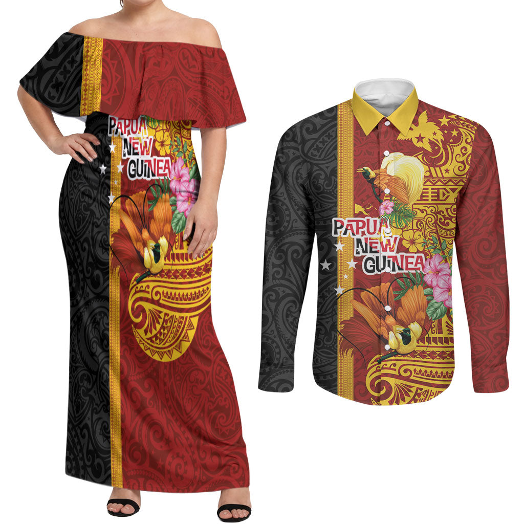 Papua New Guinea Independence Day Couples Matching Off Shoulder Maxi Dress and Long Sleeve Button Shirt Birds-of-Paradise Melanesian Tattoos Tropical Plants