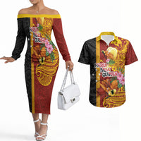 Papua New Guinea Independence Day Couples Matching Off The Shoulder Long Sleeve Dress and Hawaiian Shirt Birds-of-Paradise Melanesian Tattoos Tropical Plants