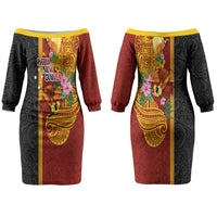 Papua New Guinea Independence Day Couples Matching Off The Shoulder Long Sleeve Dress and Long Sleeve Button Shirt Birds-of-Paradise Melanesian Tattoos Tropical Plants