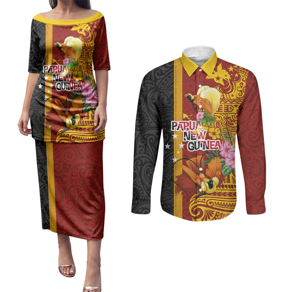 Papua New Guinea Independence Day Couples Matching Puletasi and Long Sleeve Button Shirt Birds-of-Paradise Melanesian Tattoos Tropical Plants