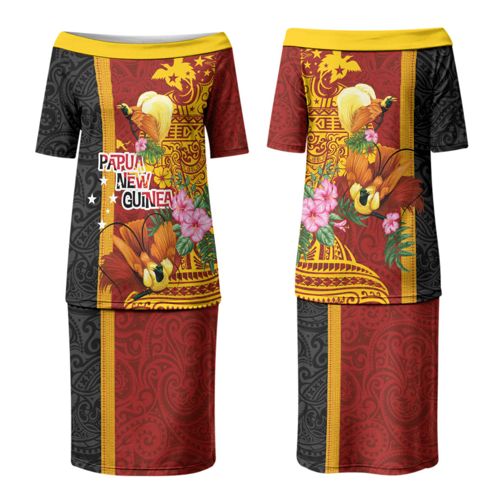 Papua New Guinea Independence Day Couples Matching Puletasi and Long Sleeve Button Shirt Birds-of-Paradise Melanesian Tattoos Tropical Plants