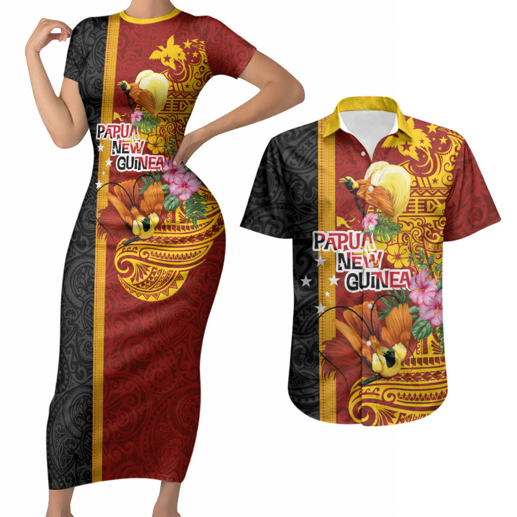 Papua New Guinea Independence Day Couples Matching Short Sleeve Bodycon Dress and Hawaiian Shirt Birds-of-Paradise Melanesian Tattoos Tropical Plants