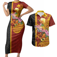 Papua New Guinea Independence Day Couples Matching Short Sleeve Bodycon Dress and Hawaiian Shirt Birds-of-Paradise Melanesian Tattoos Tropical Plants