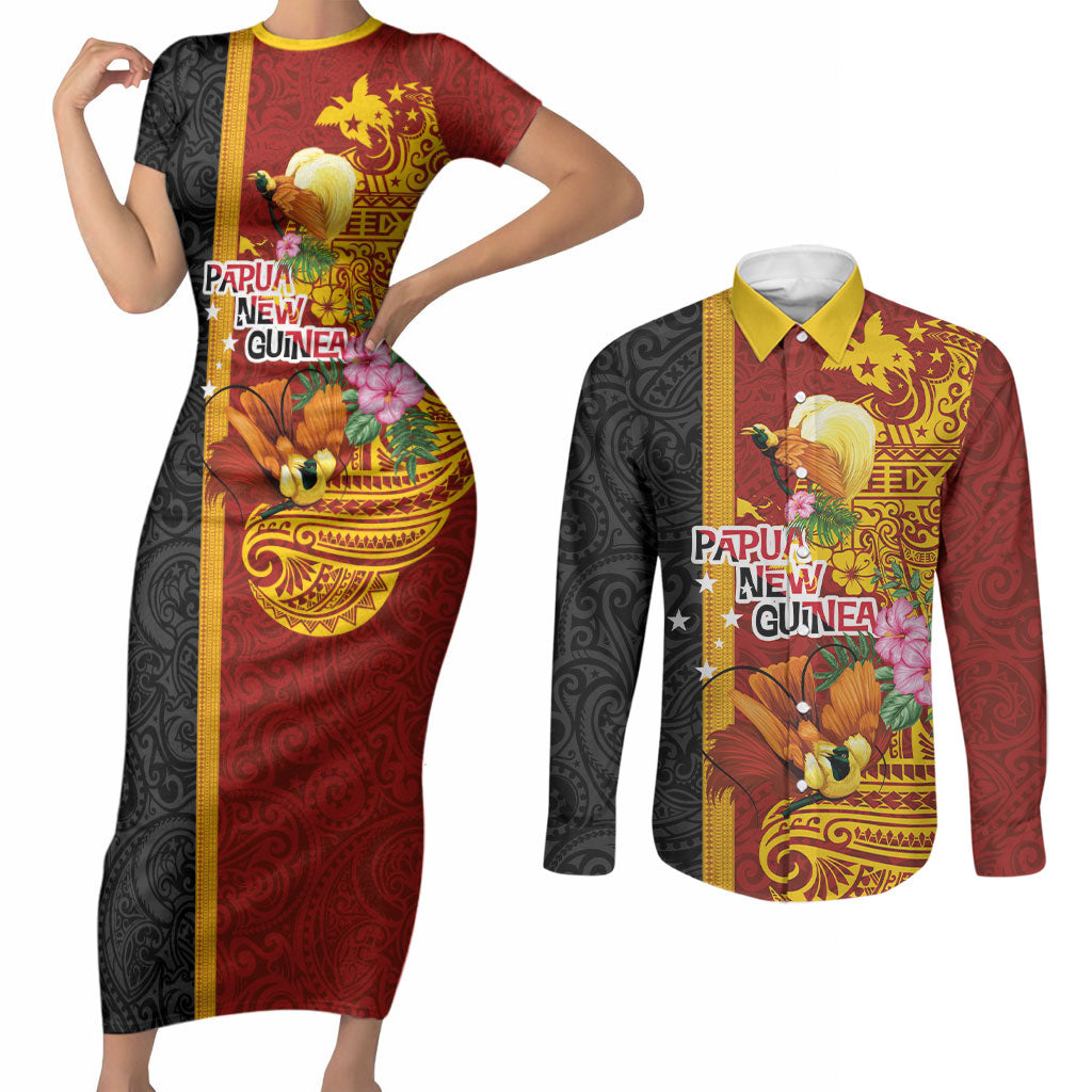 Papua New Guinea Independence Day Couples Matching Short Sleeve Bodycon Dress and Long Sleeve Button Shirt Birds-of-Paradise Melanesian Tattoos Tropical Plants