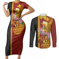 Papua New Guinea Independence Day Couples Matching Short Sleeve Bodycon Dress and Long Sleeve Button Shirt Birds-of-Paradise Melanesian Tattoos Tropical Plants