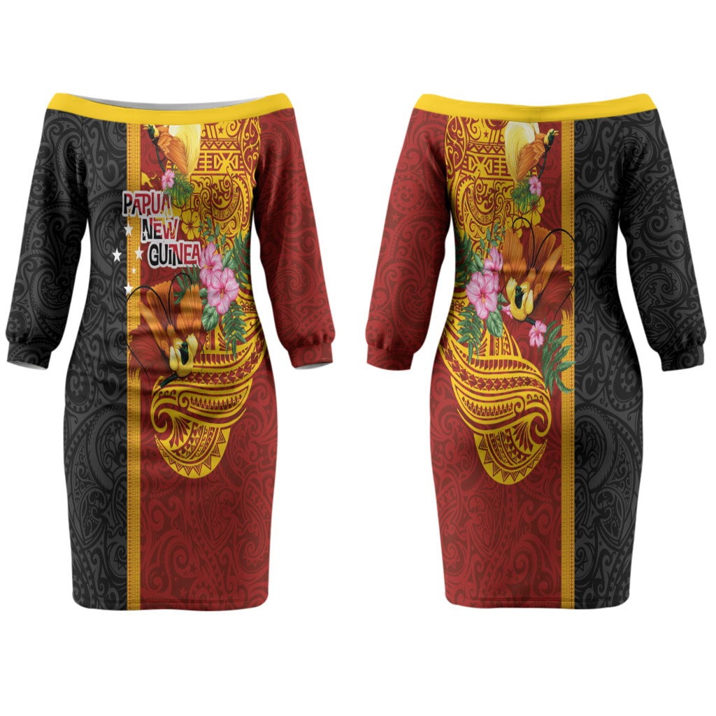 Papua New Guinea Independence Day Family Matching Off The Shoulder Long Sleeve Dress and Hawaiian Shirt Birds-of-Paradise Melanesian Tattoos Tropical Plants