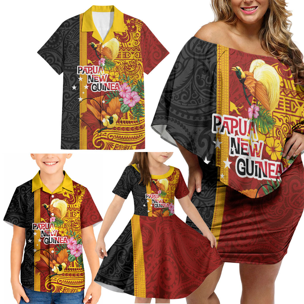 Papua New Guinea Independence Day Family Matching Off Shoulder Short Dress and Hawaiian Shirt Birds-of-Paradise Melanesian Tattoos Tropical Plants