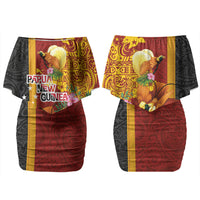 Papua New Guinea Independence Day Family Matching Off Shoulder Short Dress and Hawaiian Shirt Birds-of-Paradise Melanesian Tattoos Tropical Plants