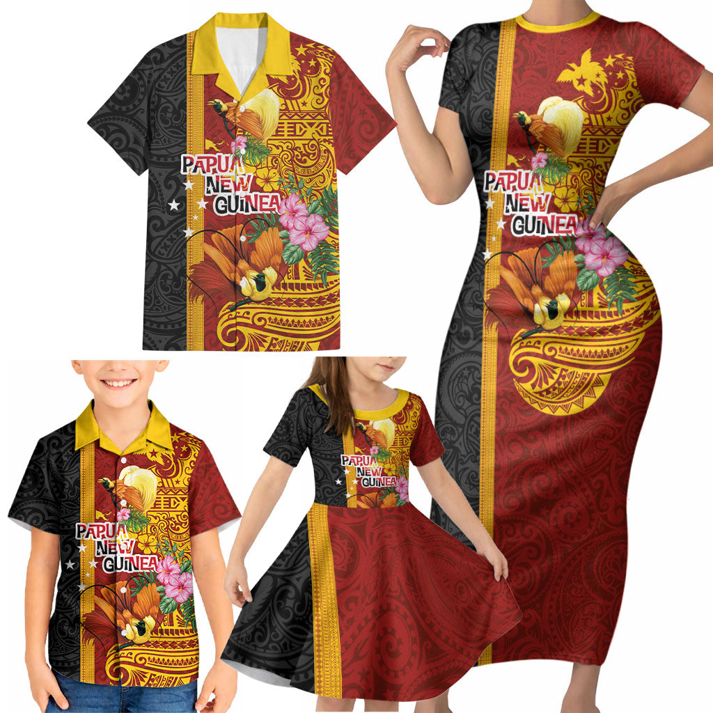 Papua New Guinea Independence Day Family Matching Short Sleeve Bodycon Dress and Hawaiian Shirt Birds-of-Paradise Melanesian Tattoos Tropical Plants