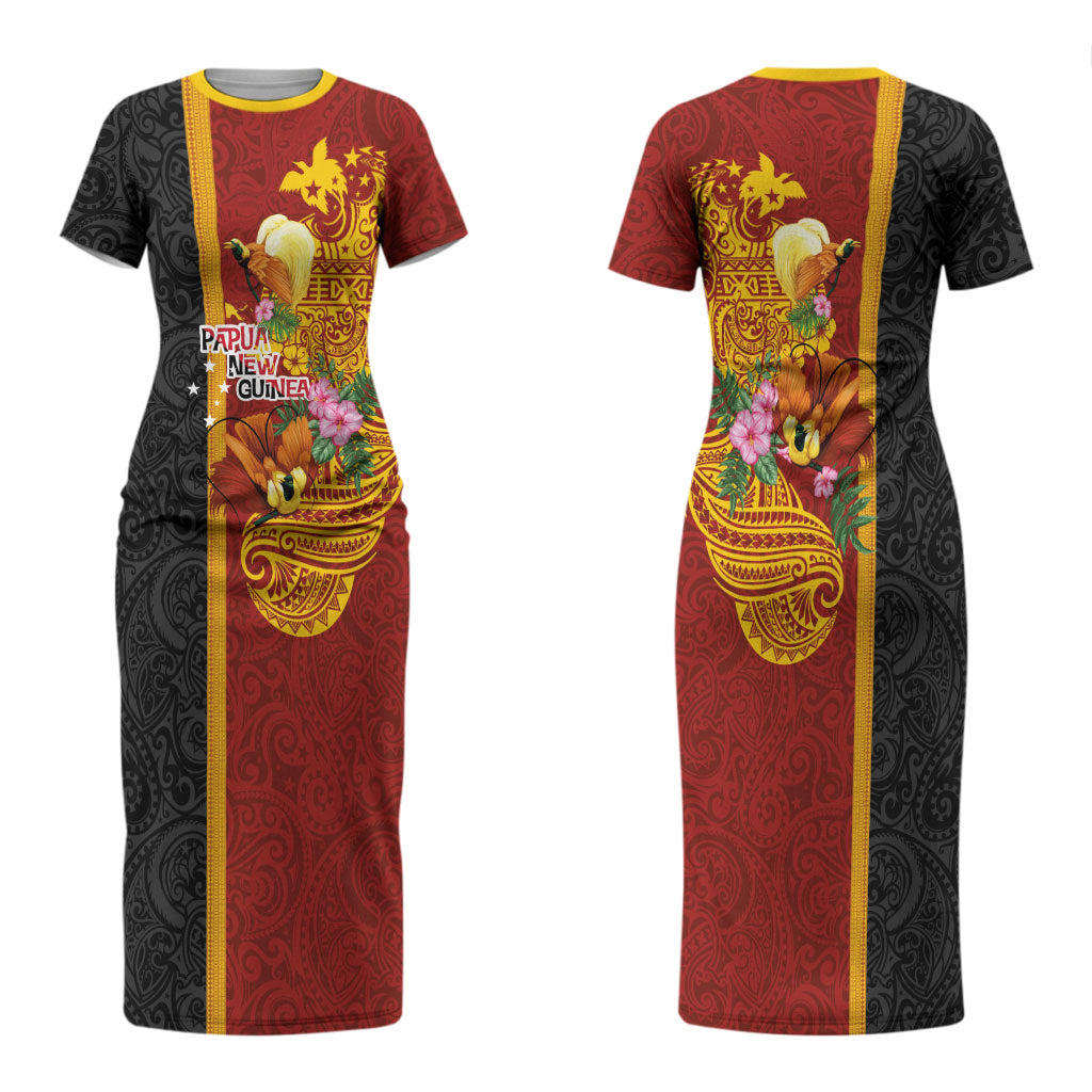 Papua New Guinea Independence Day Family Matching Short Sleeve Bodycon Dress and Hawaiian Shirt Birds-of-Paradise Melanesian Tattoos Tropical Plants