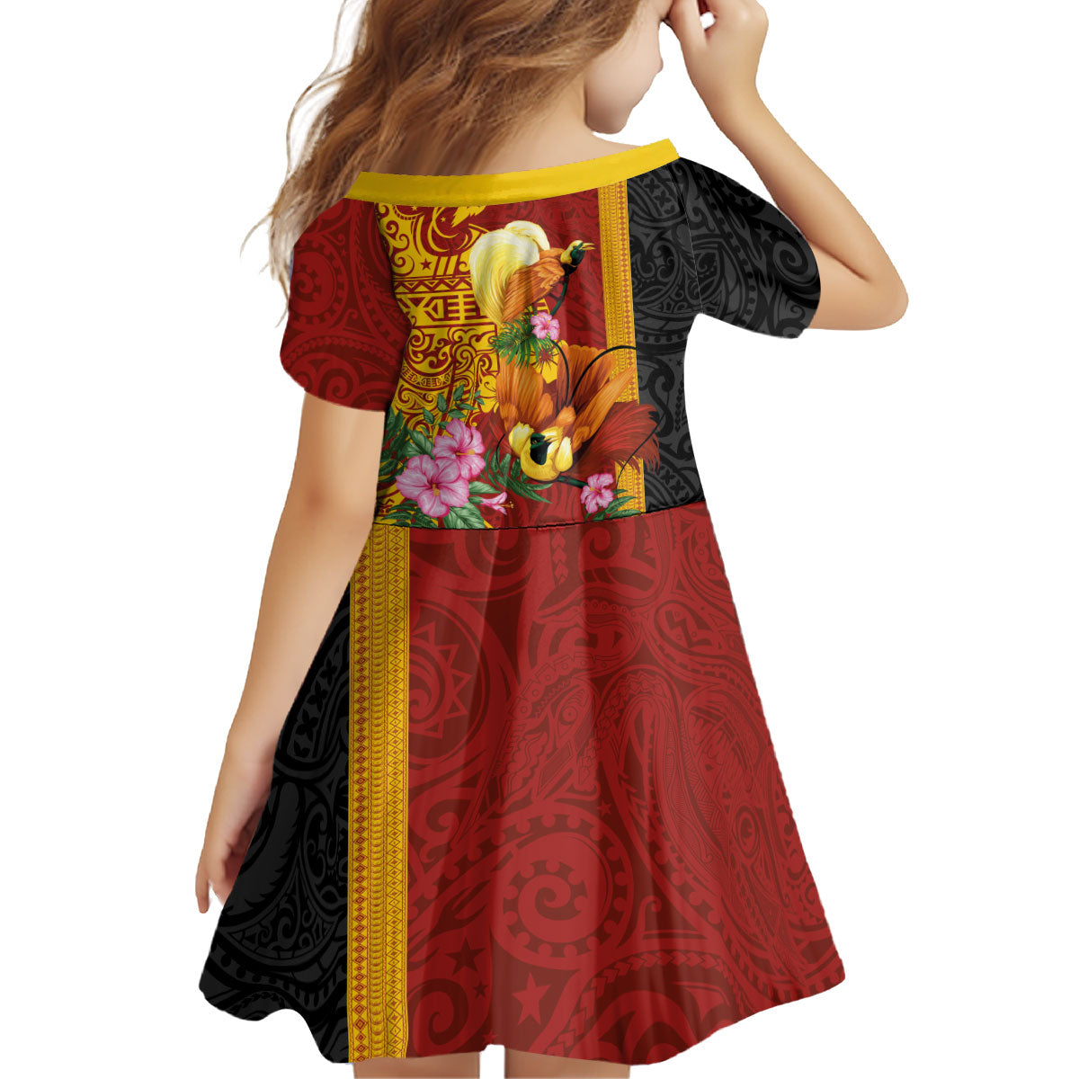 Papua New Guinea Independence Day Kid Short Sleeve Dress Birds-of-Paradise Melanesian Tattoos Tropical Plants