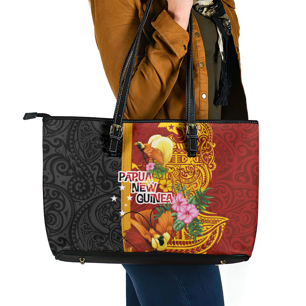 Papua New Guinea Independence Day Leather Tote Bag Birds-of-Paradise Melanesian Tattoos Tropical Plants