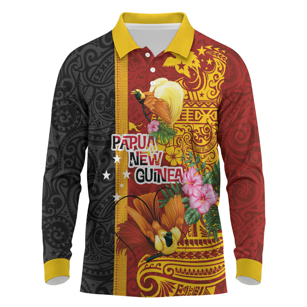 Papua New Guinea Independence Day Long Sleeve Polo Shirt Birds-of-Paradise Melanesian Tattoos Tropical Plants