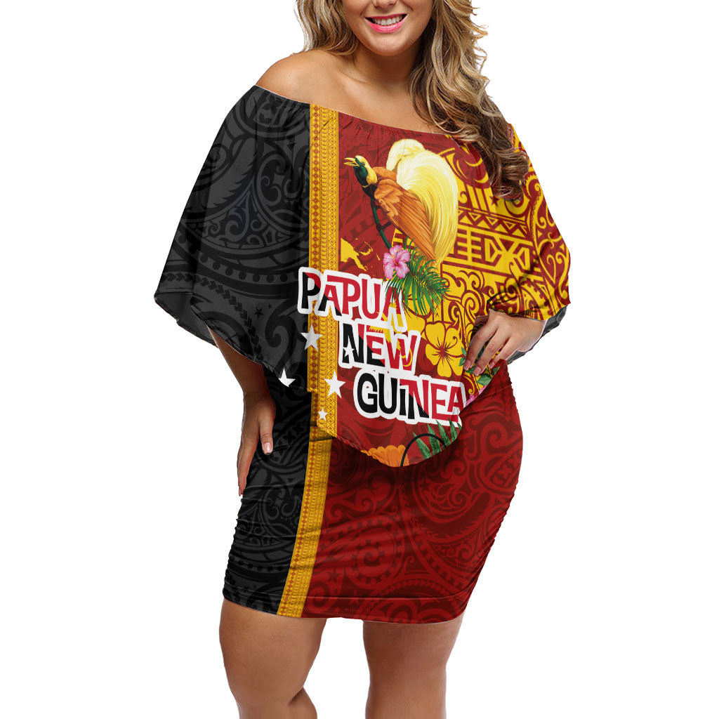 Papua New Guinea Independence Day Off Shoulder Short Dress Birds-of-Paradise Melanesian Tattoos Tropical Plants LT03 Women Multicolor - Polynesian Pride