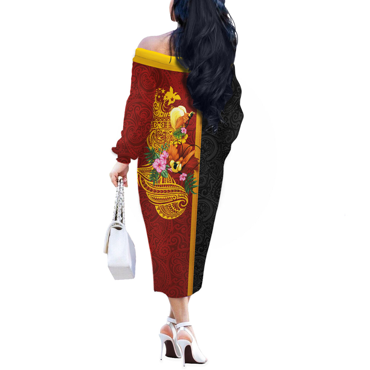Papua New Guinea Independence Day Off The Shoulder Long Sleeve Dress Birds-of-Paradise Melanesian Tattoos Tropical Plants