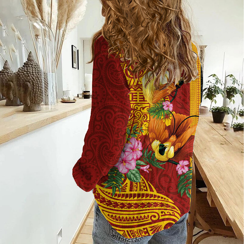 Papua New Guinea Independence Day Women Casual Shirt Birds-of-Paradise Melanesian Tattoos Tropical Plants