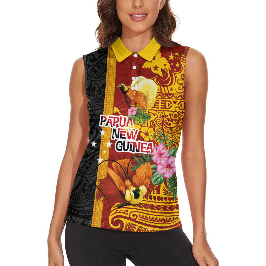 Papua New Guinea Independence Day Women Sleeveless Polo Shirt Birds-of-Paradise Melanesian Tattoos Tropical Plants
