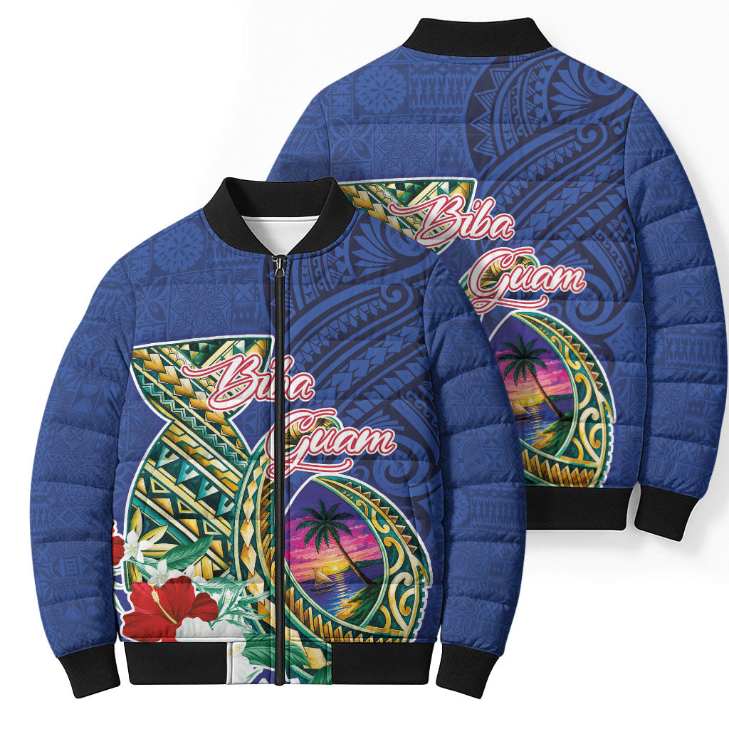 Guam Chamorro Bomber Puffer Jacket Tribal Latte Stone and Seal Artwork Polynesian Patterns