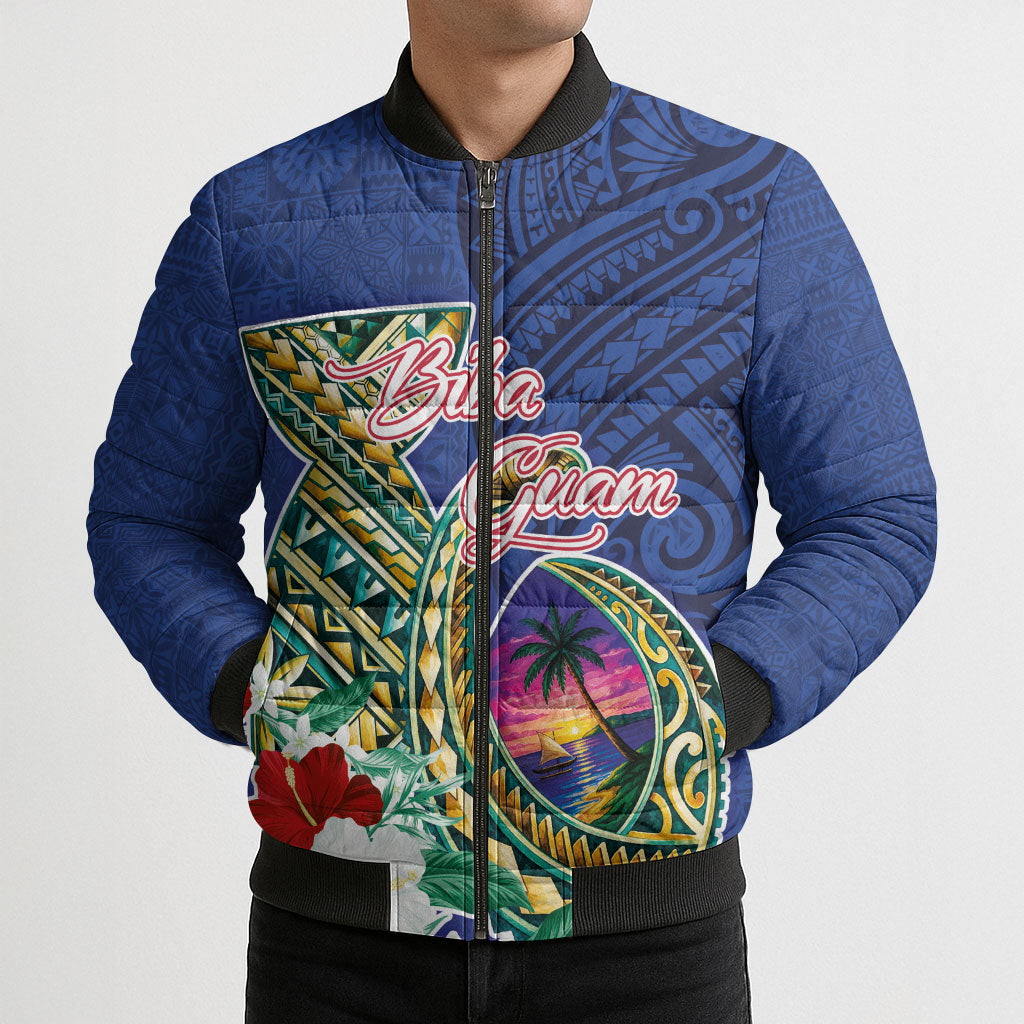 Guam Chamorro Bomber Puffer Jacket Tribal Latte Stone and Seal Artwork Polynesian Patterns