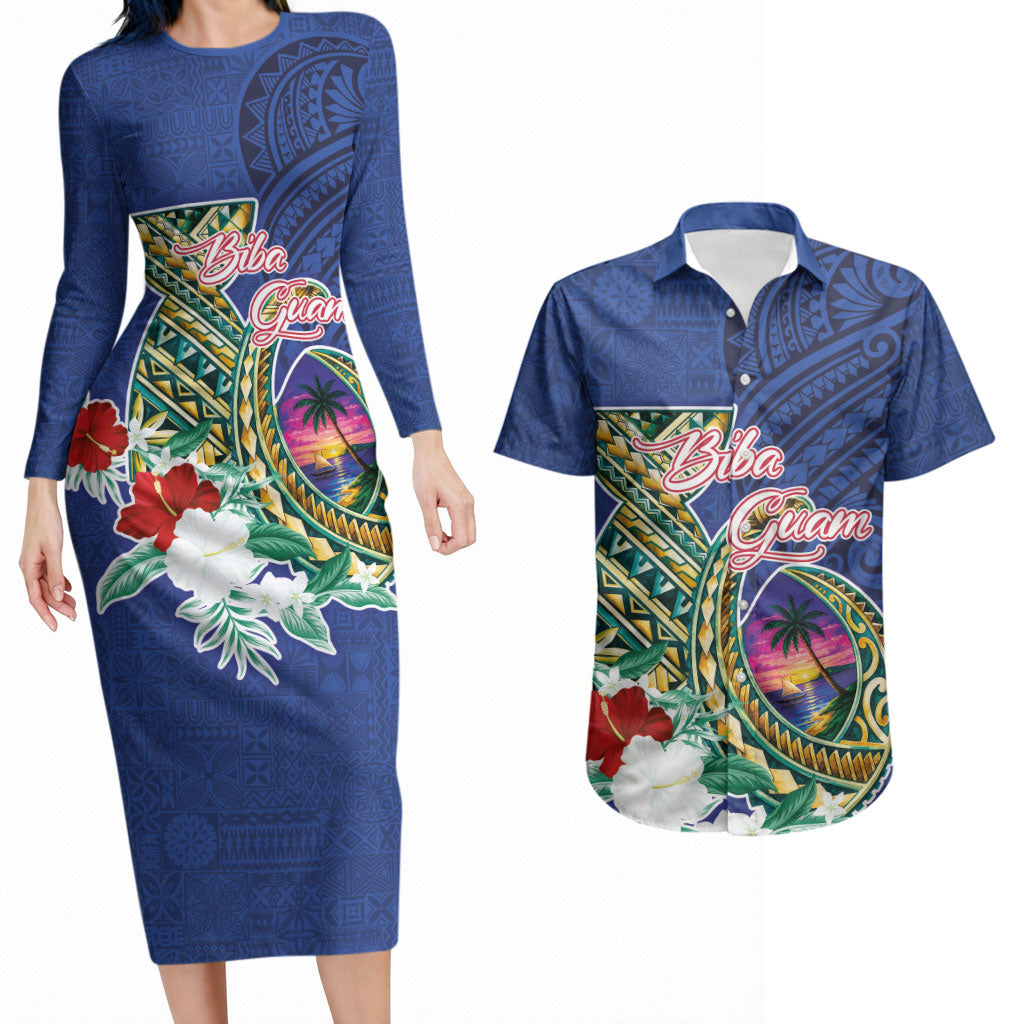 Guam Chamorro Couples Matching Long Sleeve Bodycon Dress and Hawaiian Shirt Tribal Latte Stone and Seal Artwork Polynesian Patterns