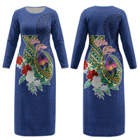 Guam Chamorro Couples Matching Long Sleeve Bodycon Dress and Hawaiian Shirt Tribal Latte Stone and Seal Artwork Polynesian Patterns