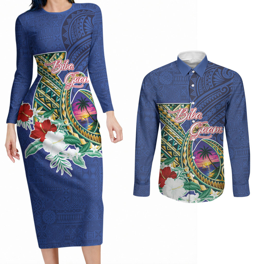 Guam Chamorro Couples Matching Long Sleeve Bodycon Dress and Long Sleeve Button Shirt Tribal Latte Stone and Seal Artwork Polynesian Patterns