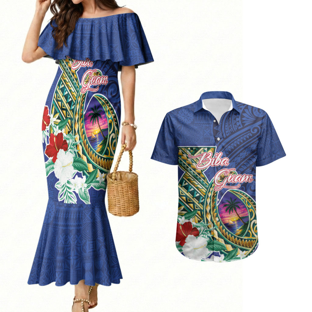 Guam Chamorro Couples Matching Mermaid Dress and Hawaiian Shirt Tribal Latte Stone and Seal Artwork Polynesian Patterns