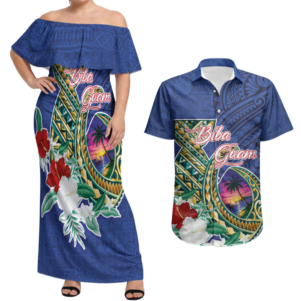 Guam Chamorro Couples Matching Off Shoulder Maxi Dress and Hawaiian Shirt Tribal Latte Stone and Seal Artwork Polynesian Patterns