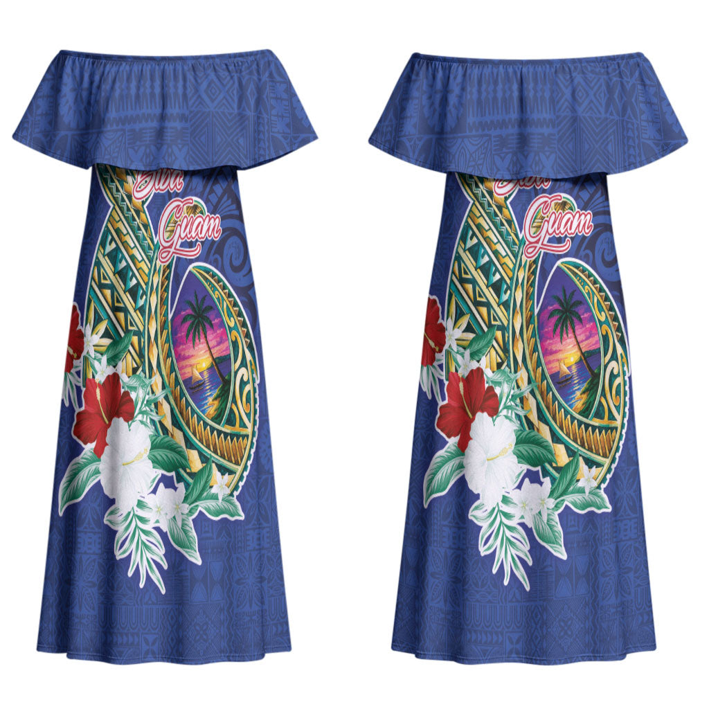 Guam Chamorro Couples Matching Off Shoulder Maxi Dress and Hawaiian Shirt Tribal Latte Stone and Seal Artwork Polynesian Patterns