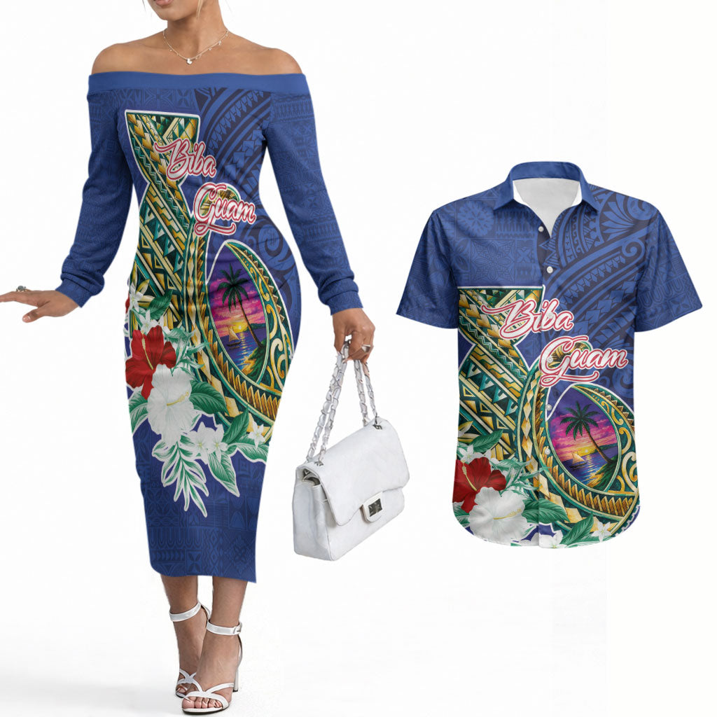 Guam Chamorro Couples Matching Off The Shoulder Long Sleeve Dress and Hawaiian Shirt Tribal Latte Stone and Seal Artwork Polynesian Patterns