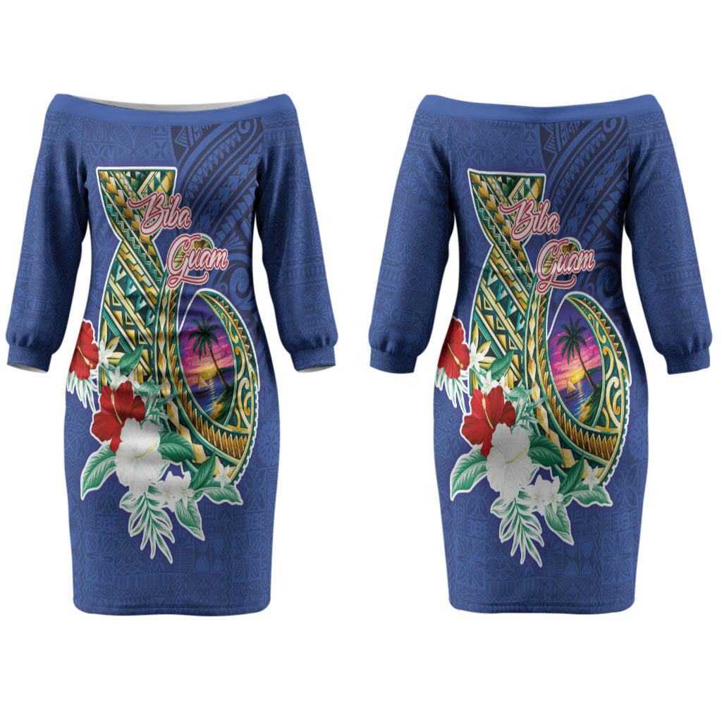 Guam Chamorro Couples Matching Off The Shoulder Long Sleeve Dress and Long Sleeve Button Shirt Tribal Latte Stone and Seal Artwork Polynesian Patterns